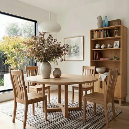 Dining room with wooden table and chairs, modern light fixture, and large plant on the table
