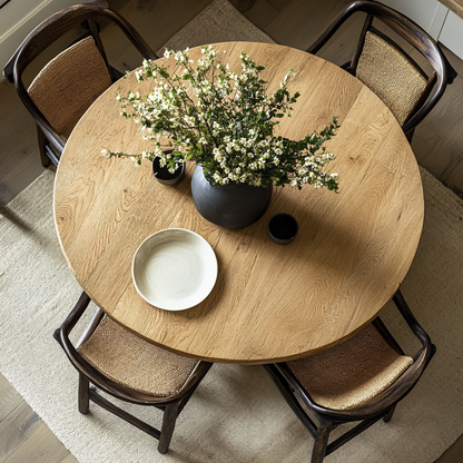 Top down view of a round oak dining table with rattan chairs and light grey rug