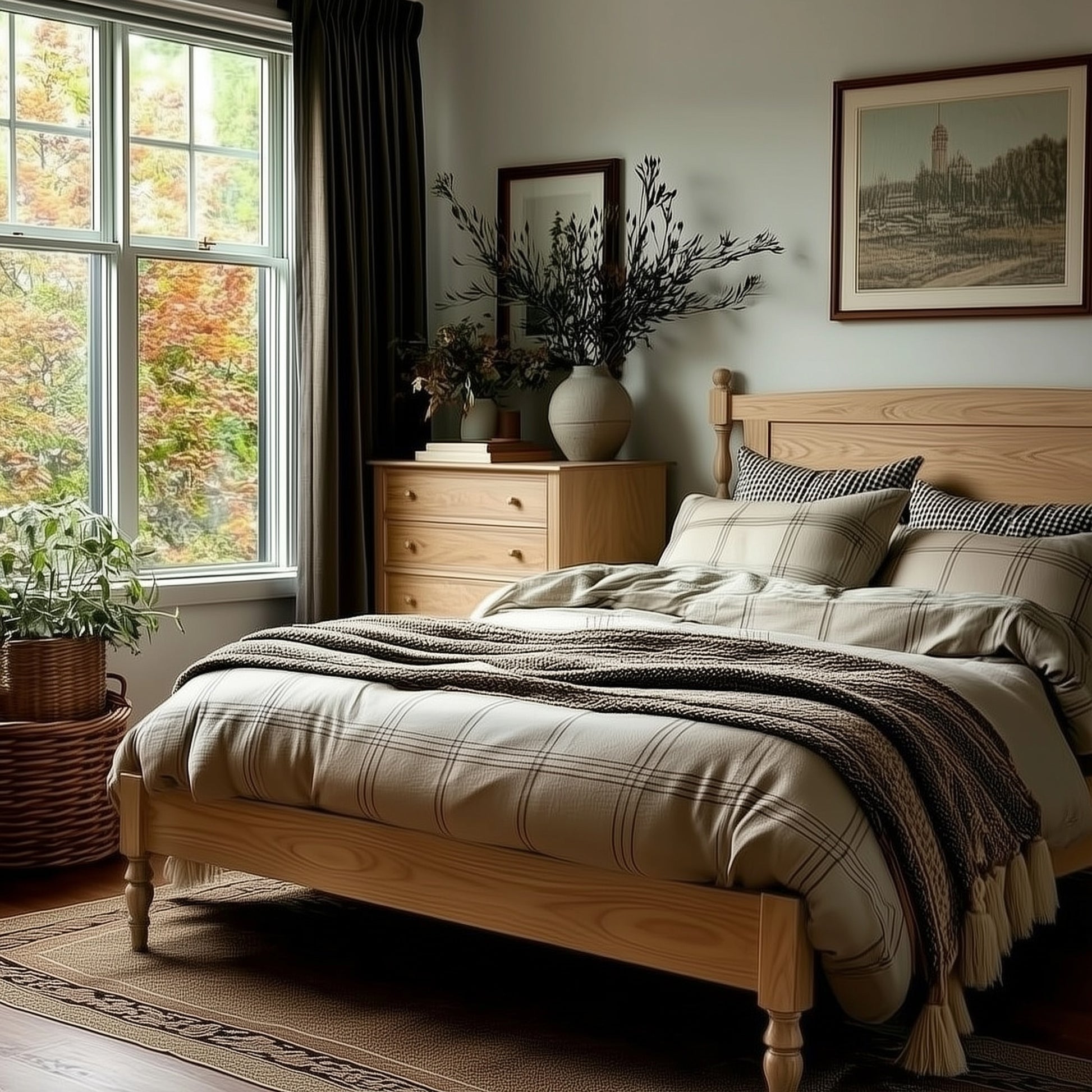 Cozy bedroom with wooden bed, dresser, and large window showing autumn foliage.