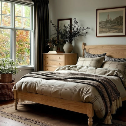 Cozy bedroom with wooden bed, dresser, and large window showing autumn foliage.