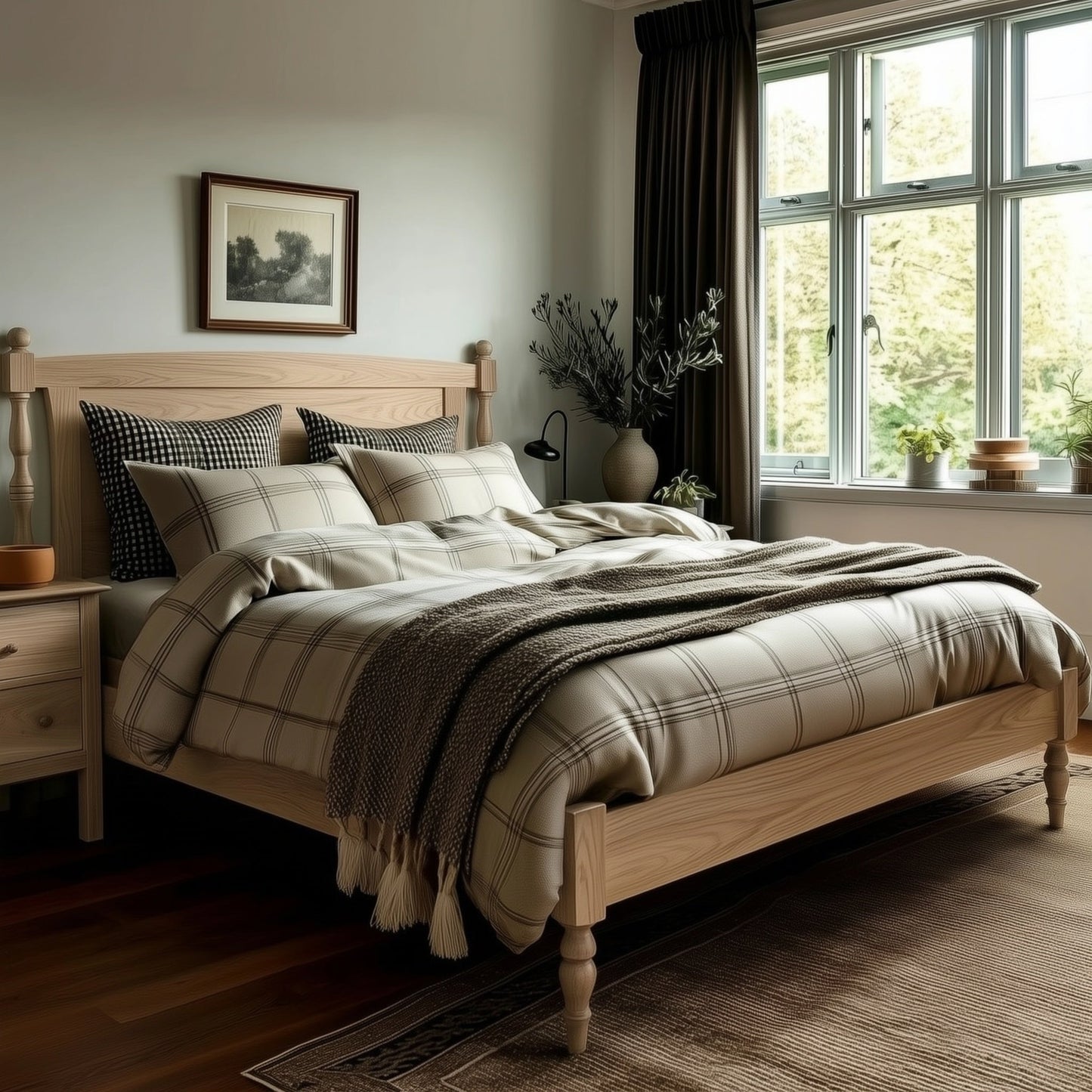 Neatly made bed with plaid bedding in a bedroom with large windows.