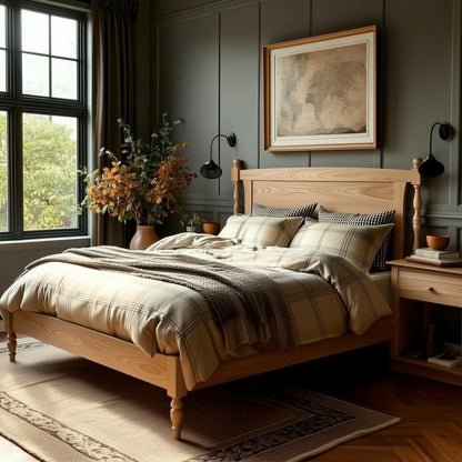 Cozy bedroom with wooden bed, pillows, and a map on the wall.
