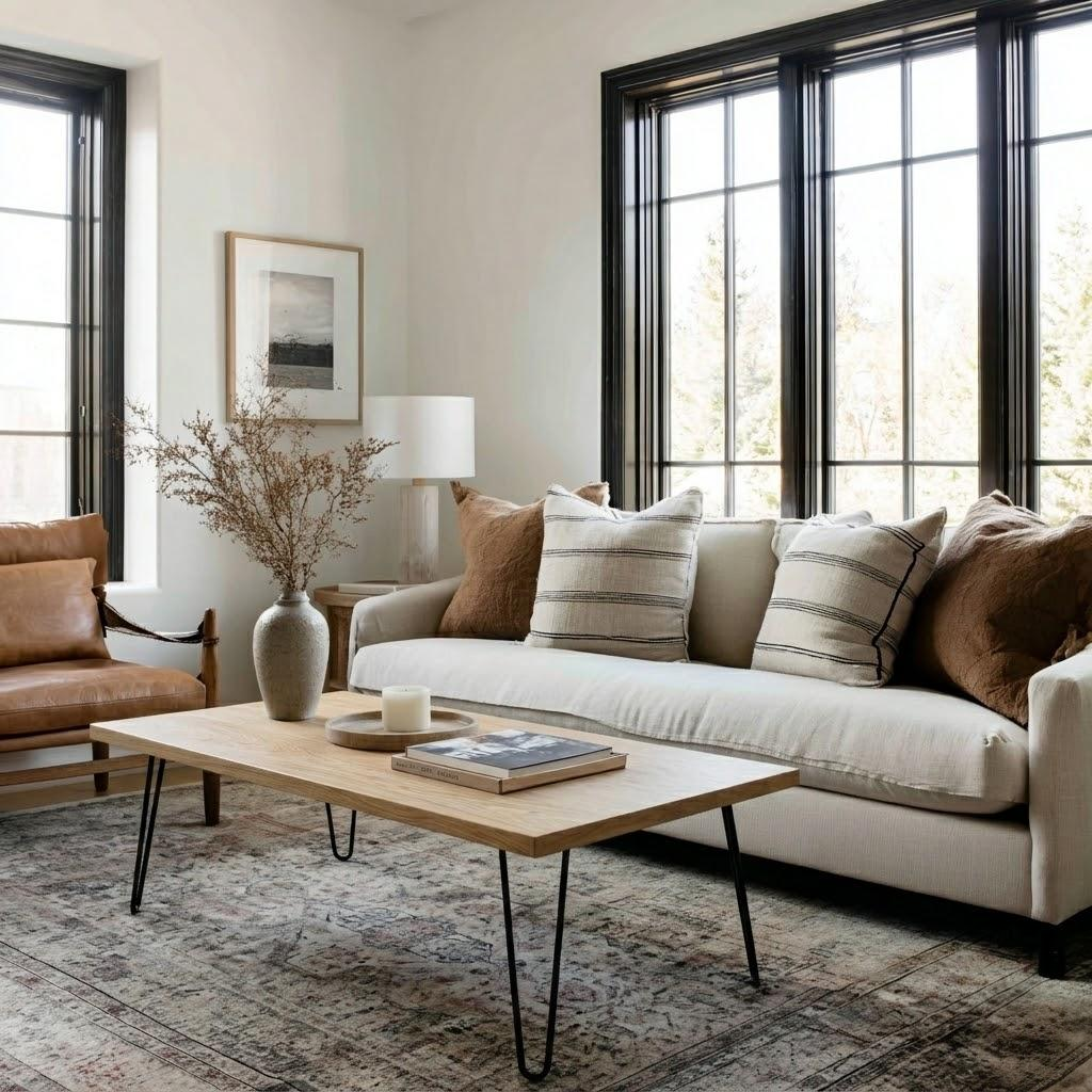 Living room with beige sofa, wooden coffee table, and large windows.