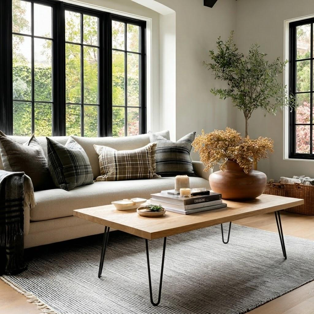 Modern living room with a beige sofa, wooden coffee table, and decorative elements.