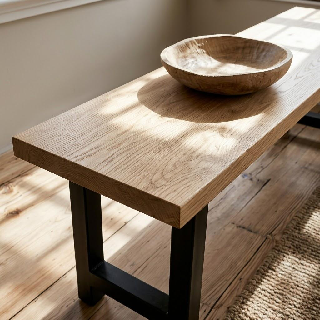 A rustic light oak wood console table with a thick rectangular top and black metal legs, styled with a carved wooden bowl on top in a sunlit room.