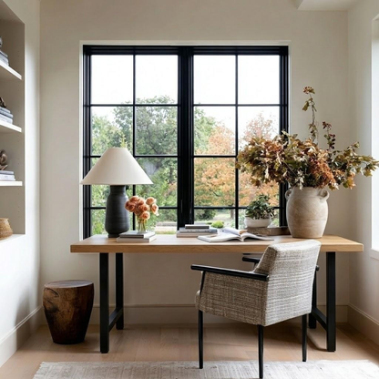 Home office with a wooden desk, chair, and decorative elements.