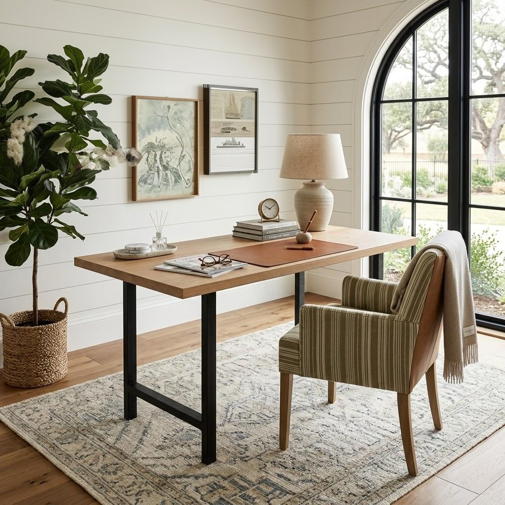 Home office with wooden desk, chair, lamp, and decorative elements.