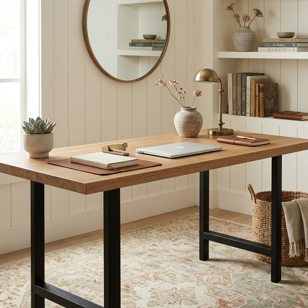 Home office with wooden desk, chair, lamp, and decorative elements.