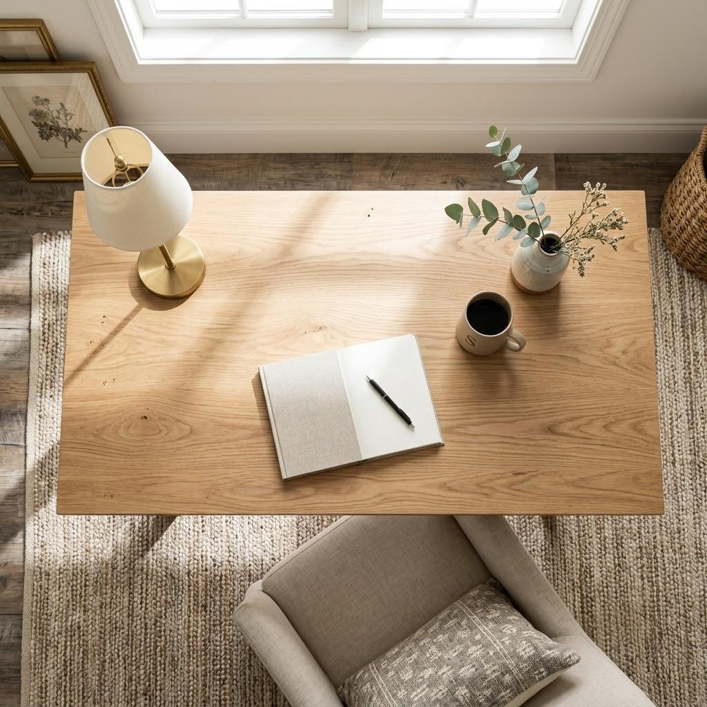 A top-down view of a light oak wood writing desk styled in a bright, modern room. The desk is decorated with a white lamp, an open notebook with a pen, a ceramic mug, and a small vase with eucalyptus.