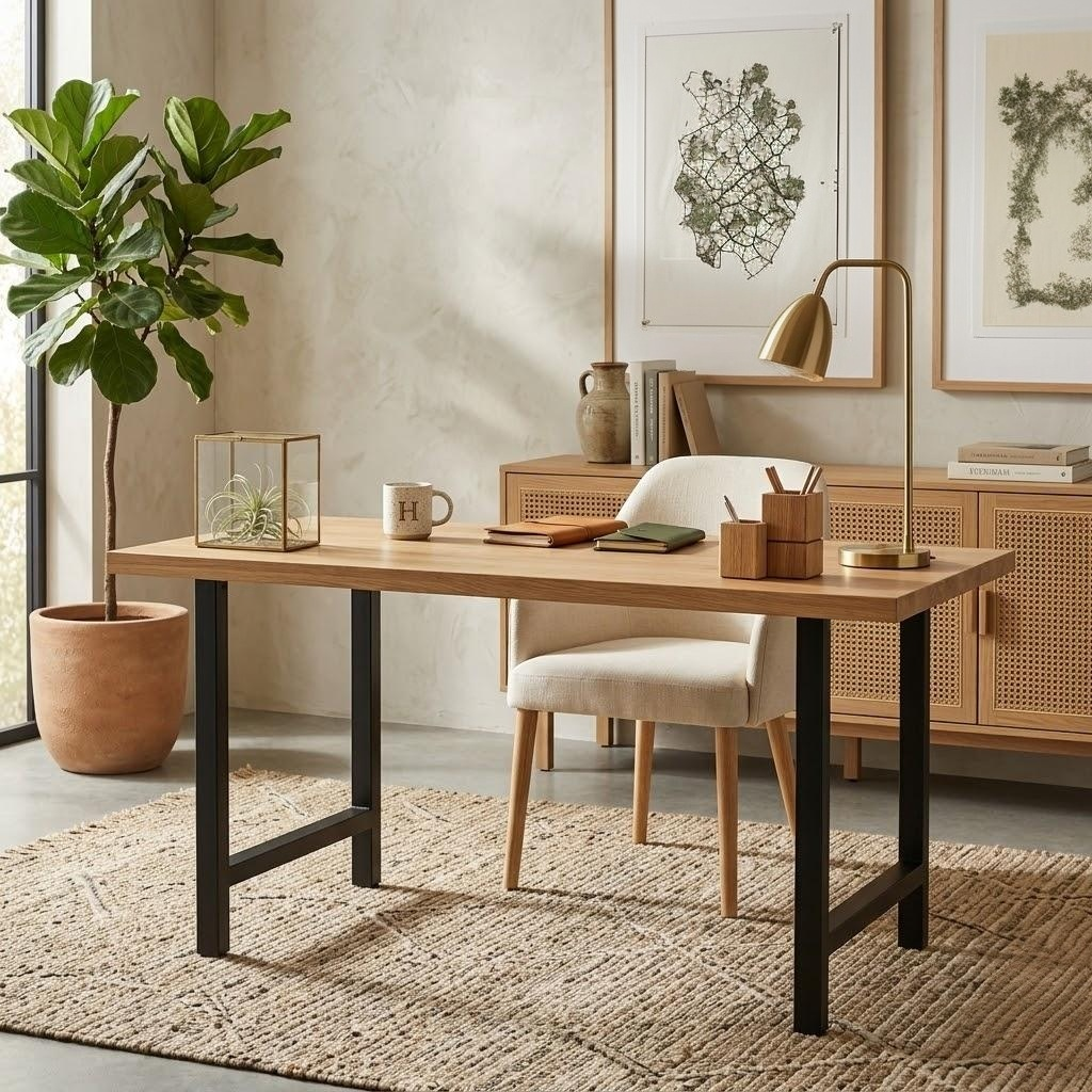 Home office with wooden desk, chair, lamp, and decorative elements.