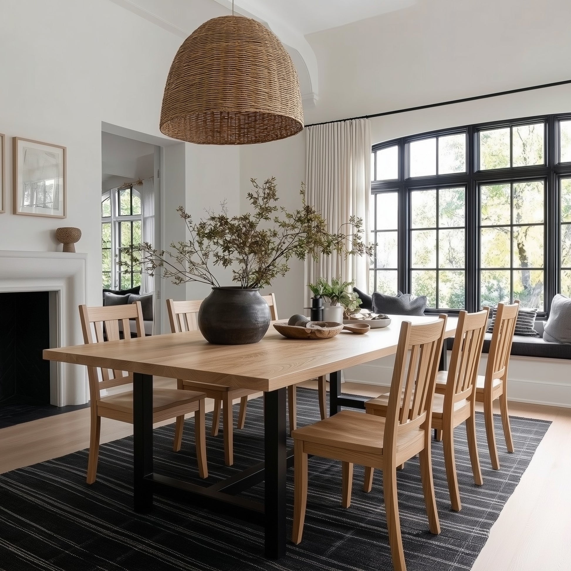 Dining room with wooden table and chairs, large windows, and a wicker pendant light.