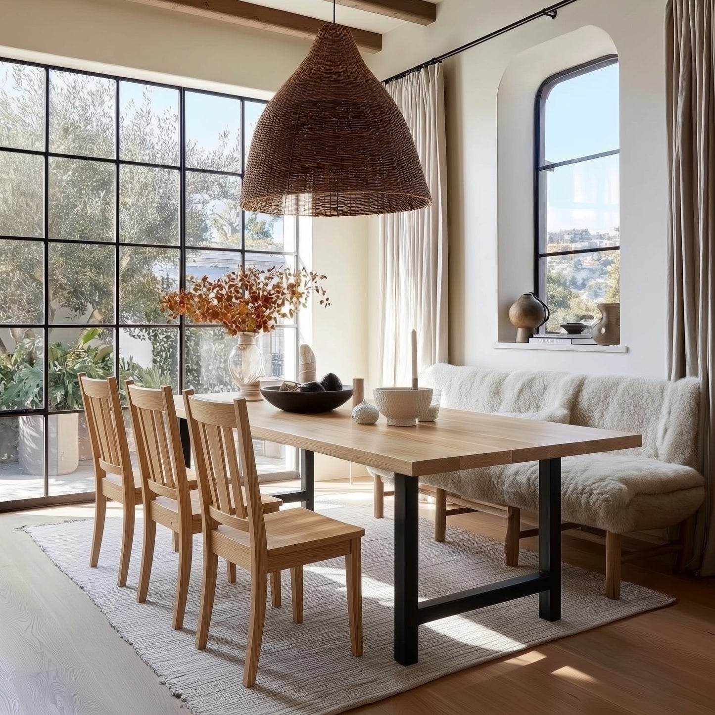 Dining room with wooden table, chairs, and a large window.