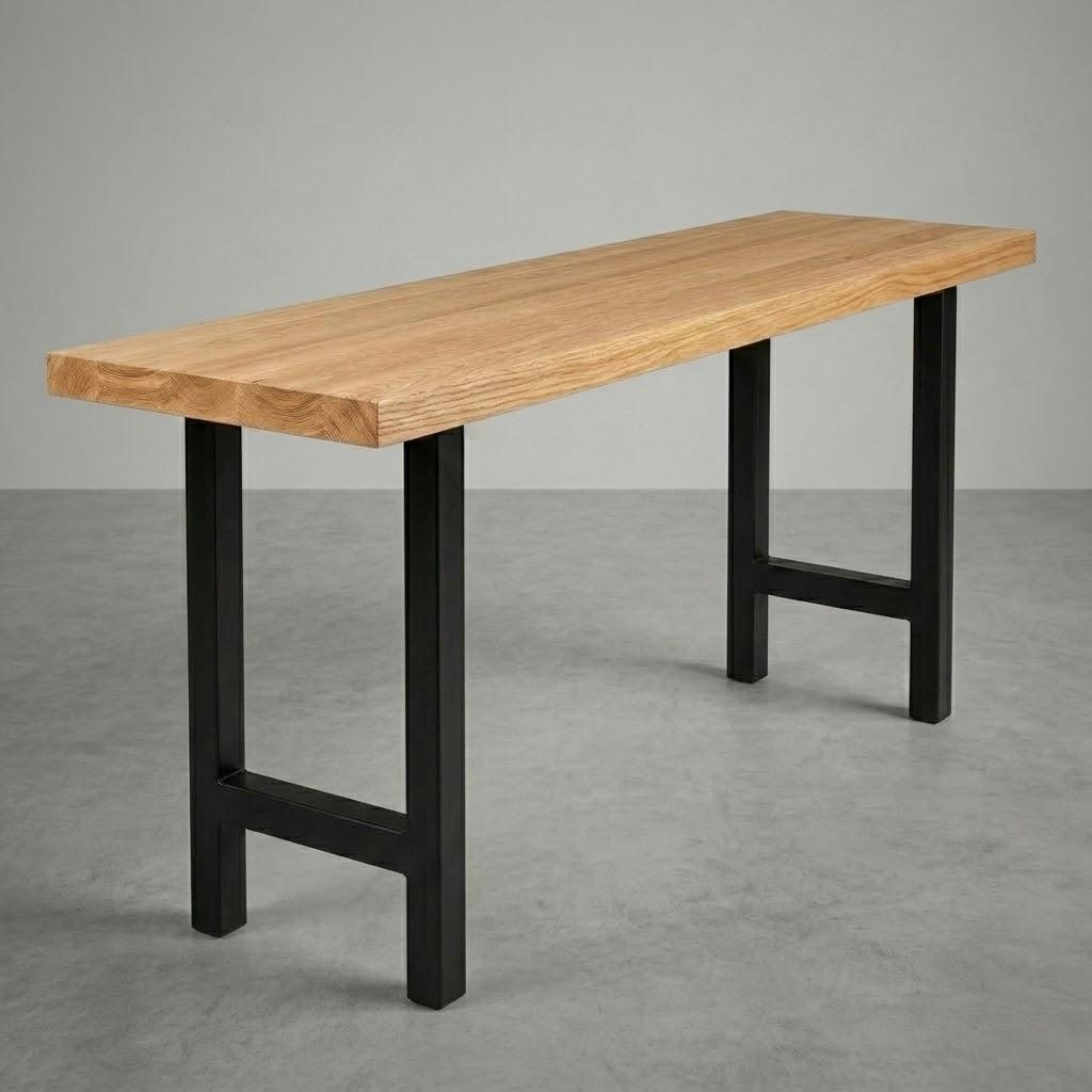 Wooden table with black legs on a gray background