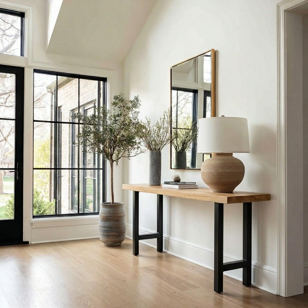 Modern interior with a wooden console table, lamp, and decorative items against a white wall.