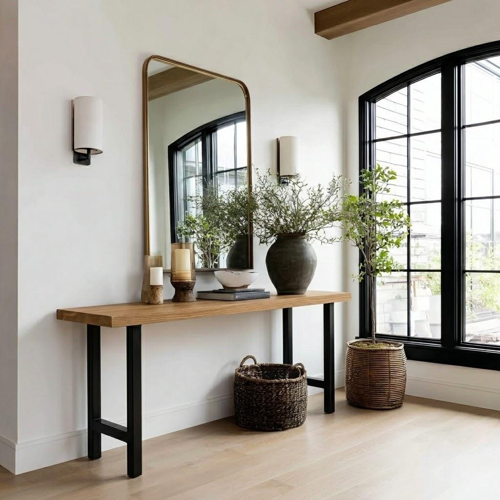 Modern interior with a wooden console table, mirror, and decorative items.