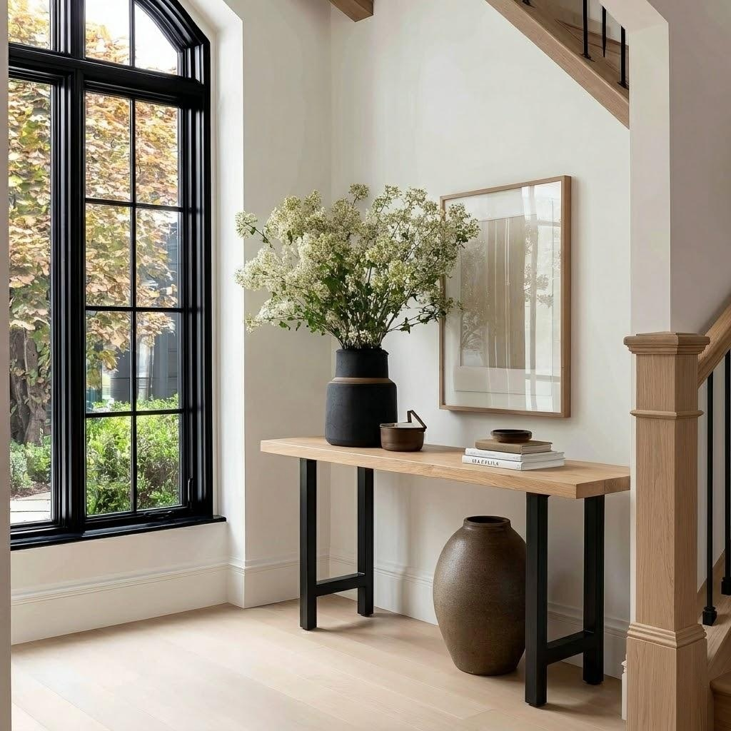 Modern interior with a wooden console table, vase, and mirror near a large window.