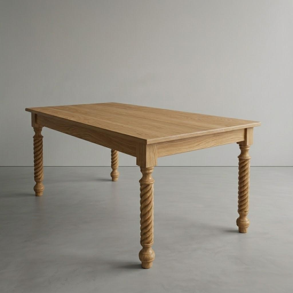 Wooden table with twisted legs on a gray background