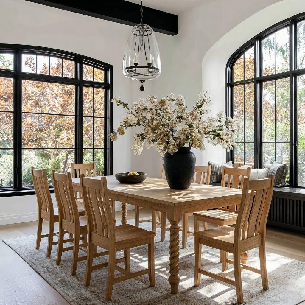 Dining room with wooden table and chairs near large windows.