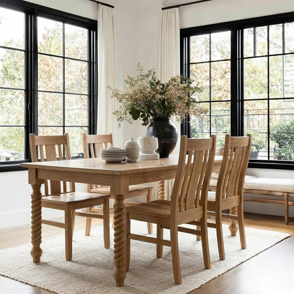 Dining room with wooden table and chairs near large windows.