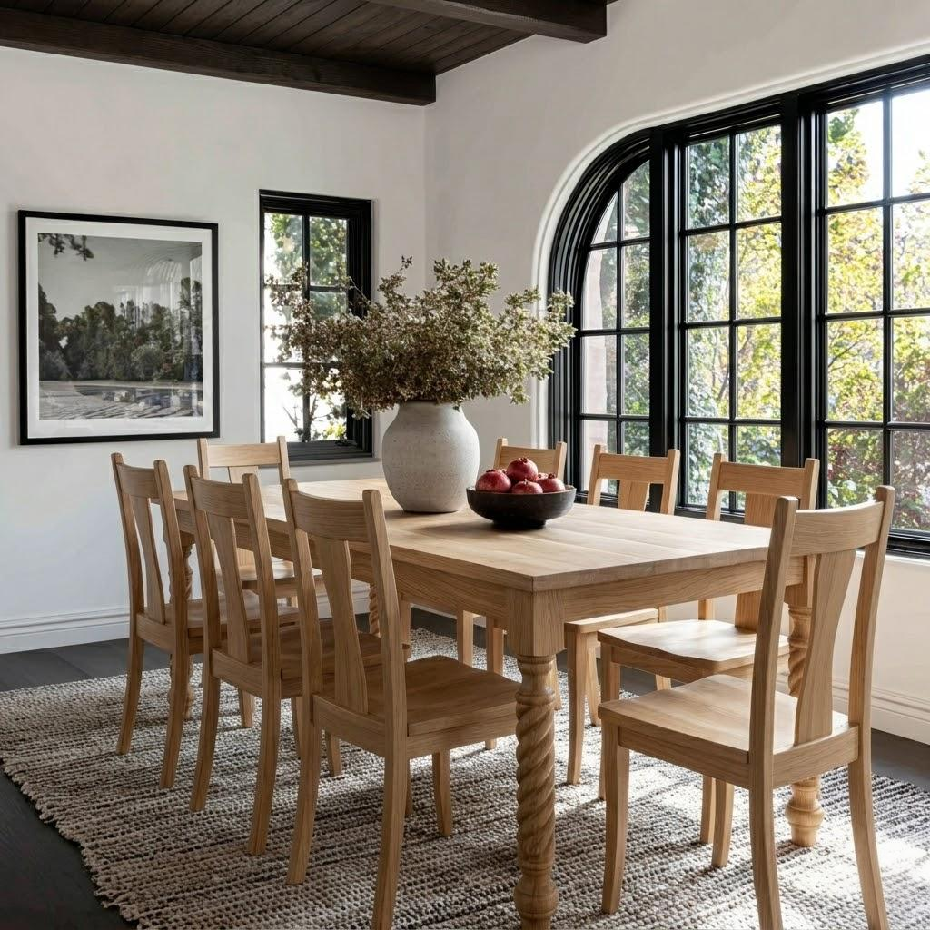 Dining room with wooden table and chairs, large window, and framed picture on wall.