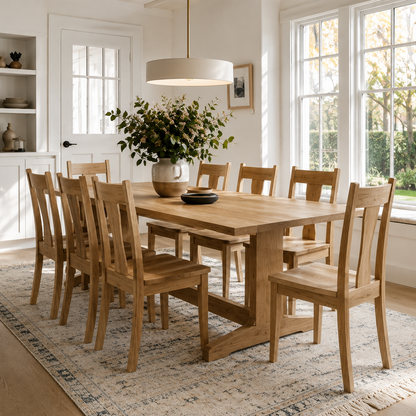 A light oak wood dining table with matching wooden chairs, styled in a bright, modern dining room with large windows, a white pendant light, and a patterned area rug.
