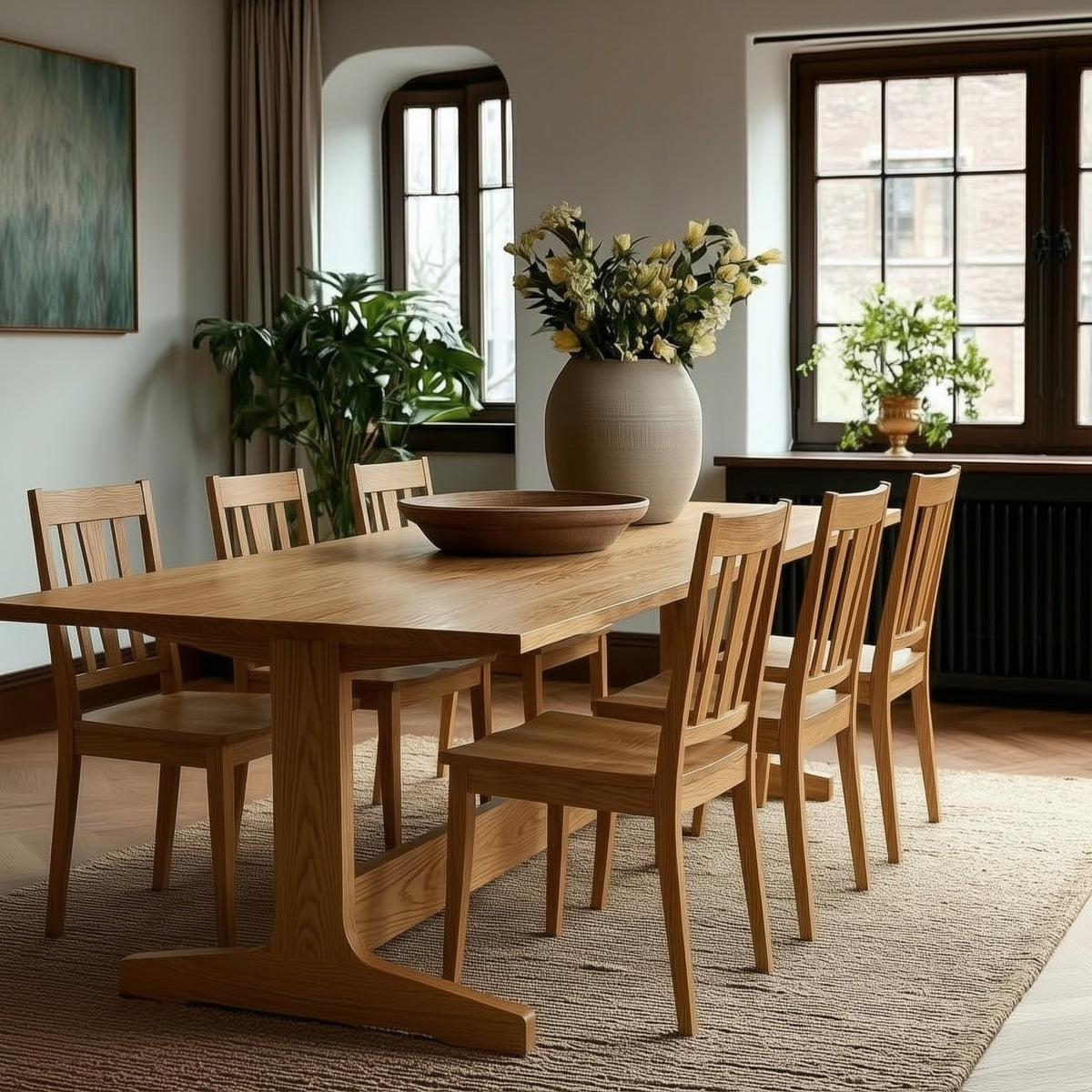 Dining room with wooden table and chairs, vase with flowers, and plants.