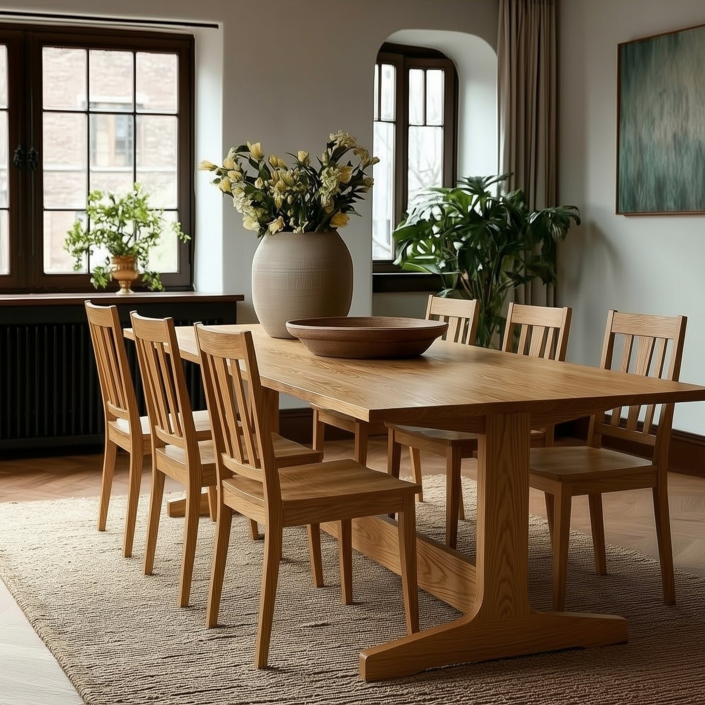 Dining room with wooden table and chairs, vase with flowers, and plants.