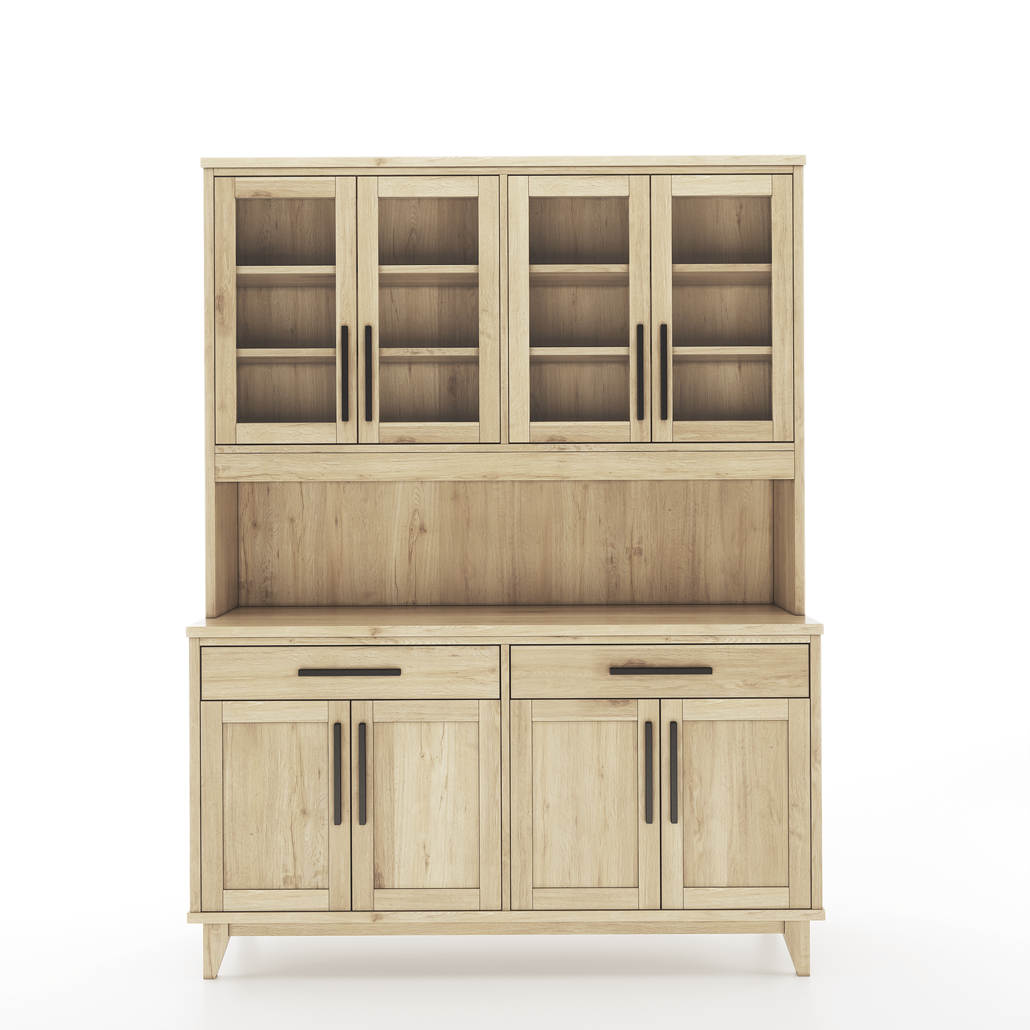 A hutch made of oak featuring 4 doors with windows, a middle shelf, 2 drawers, and 4 lower doors without windows on a white background
