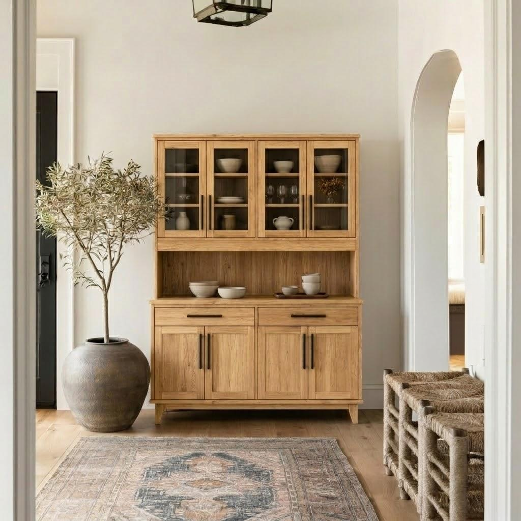 Wooden cabinet with glass doors in a room with a plant and rug.