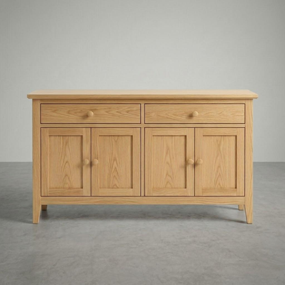 Wooden sideboard with drawers and doors on a gray background