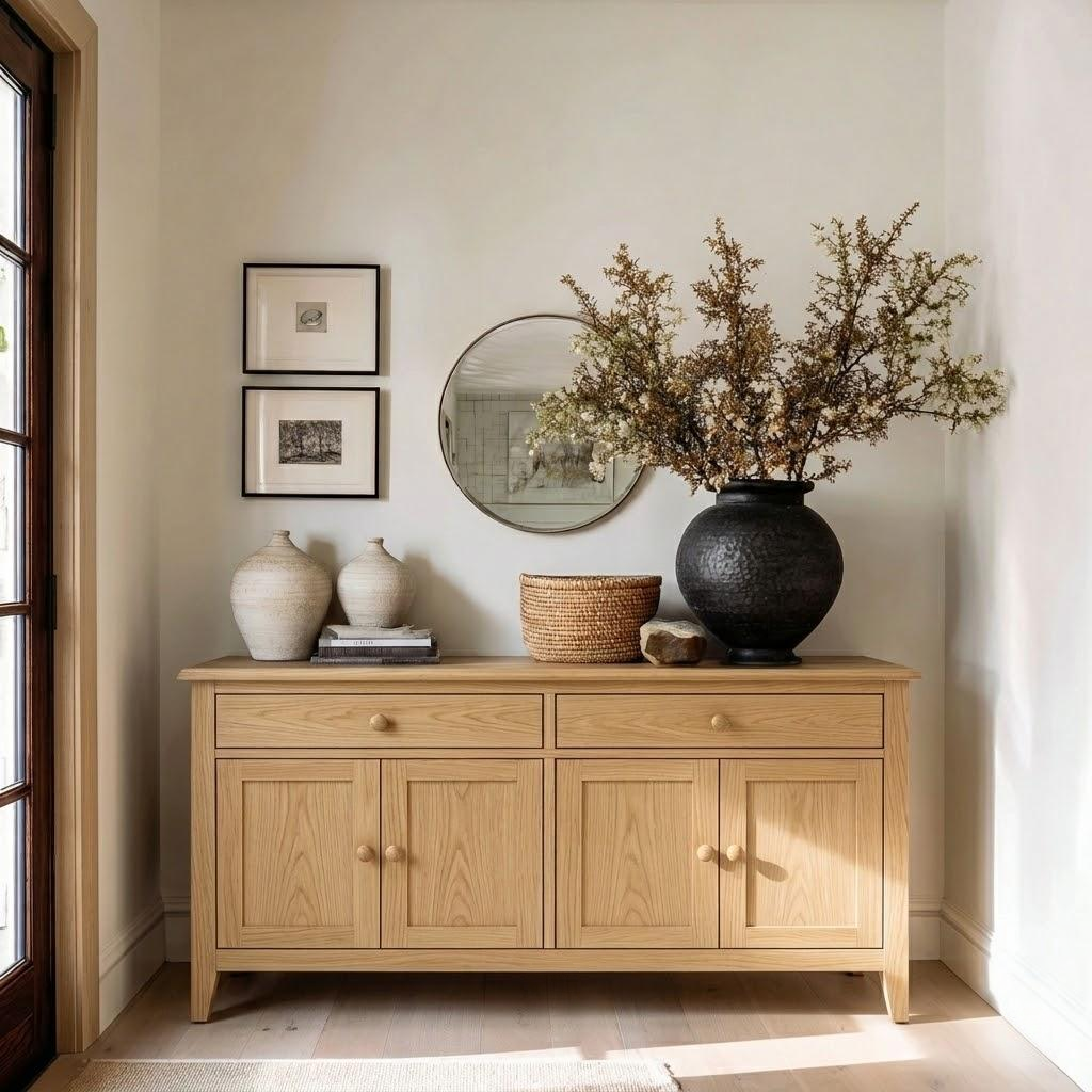 Wooden sideboard with decorative items in a room with light-colored walls and a window.
