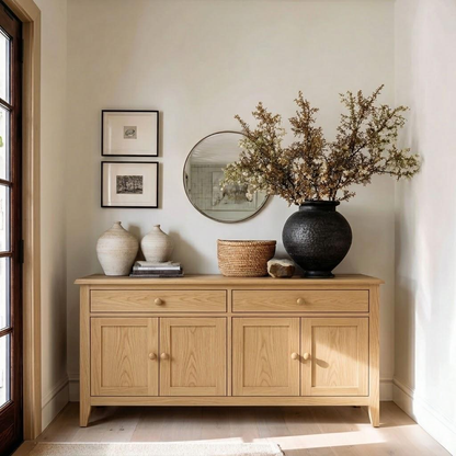 Wooden sideboard with decorative items in a room with light-colored walls and a window.