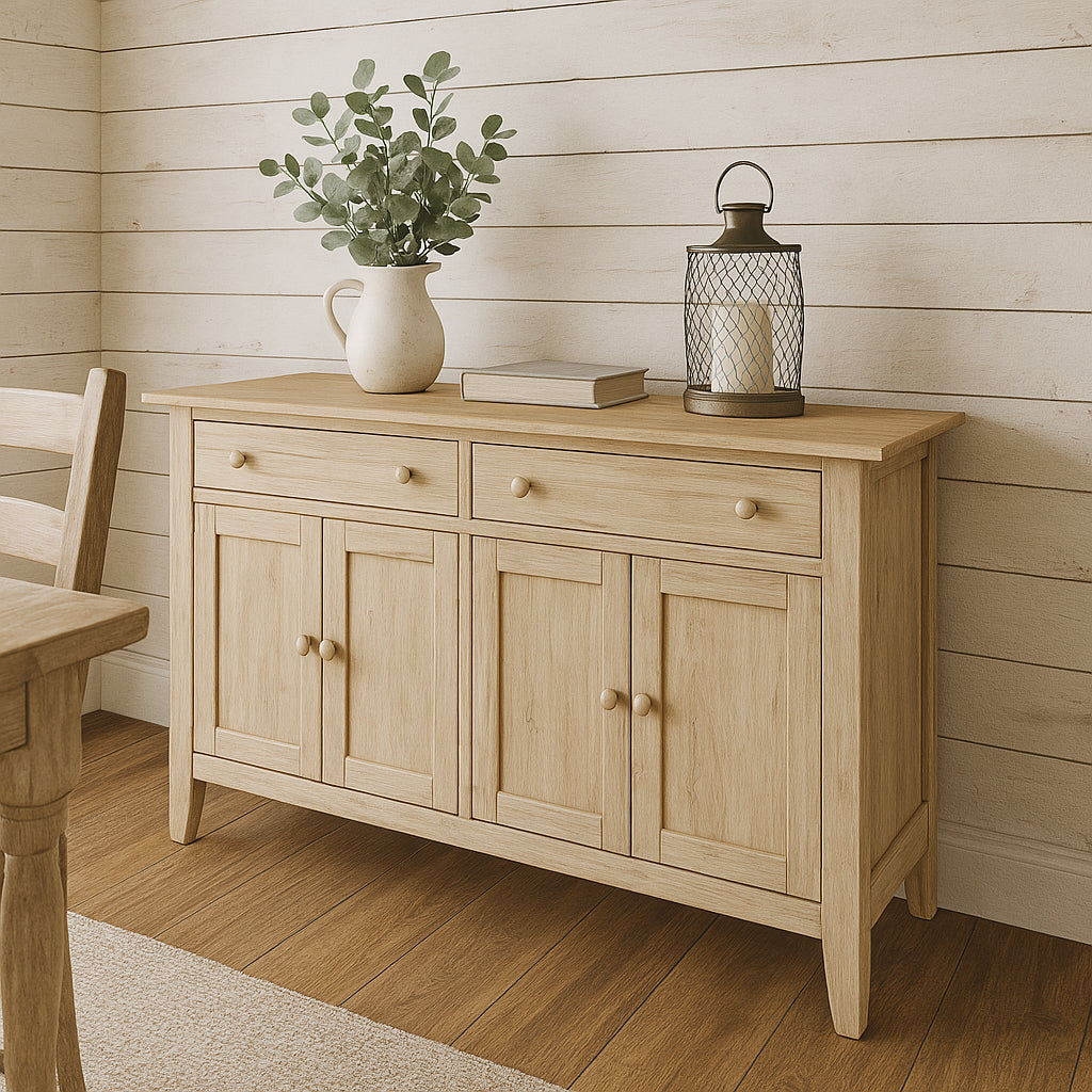 Oak Mifflin Buffet Table in a well lit dining room