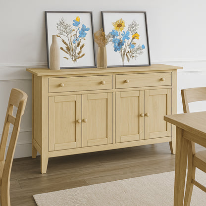 Oak Mifflin Buffet Table in a well lit dining room
