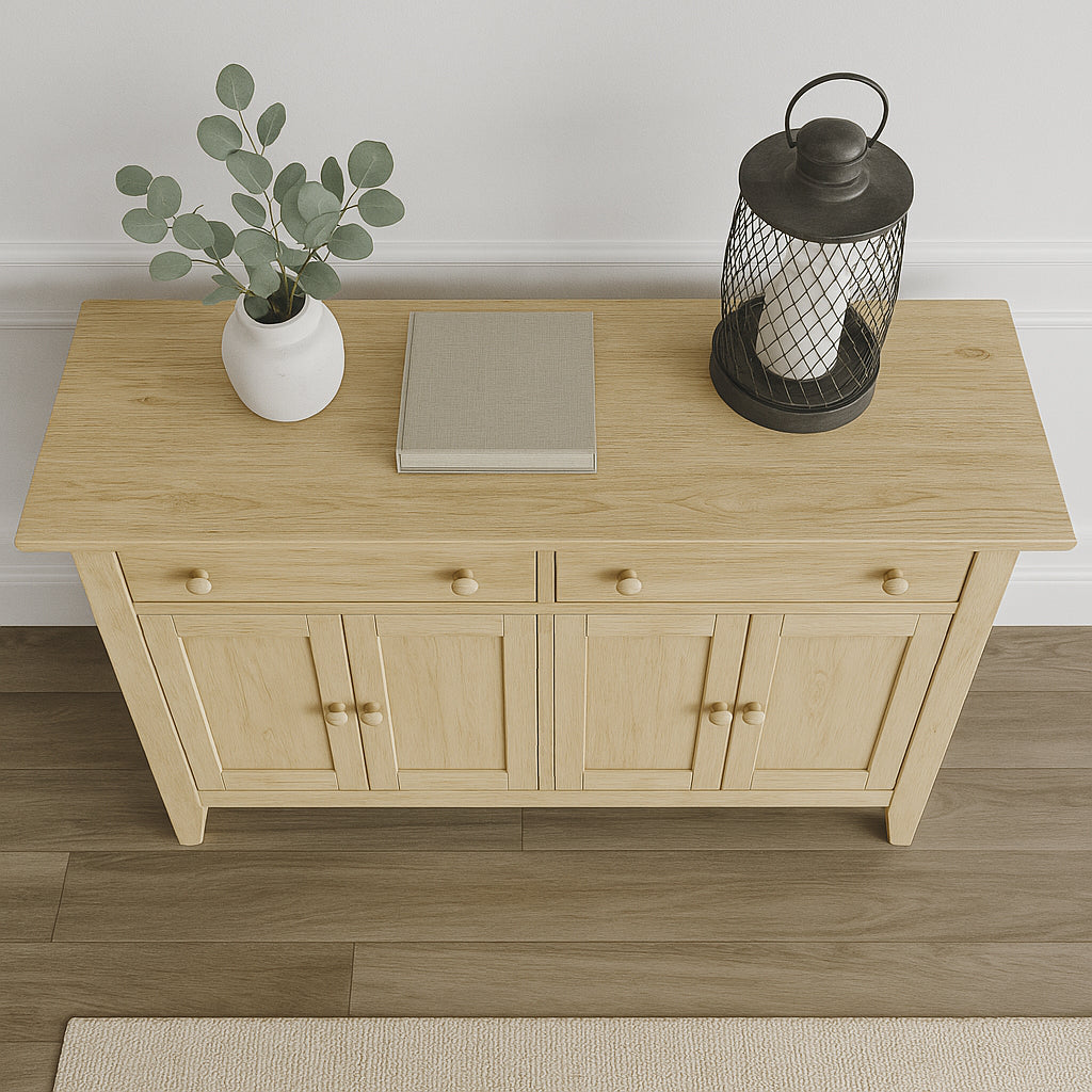 Oak Mifflin Buffet Table in a well lit dining room