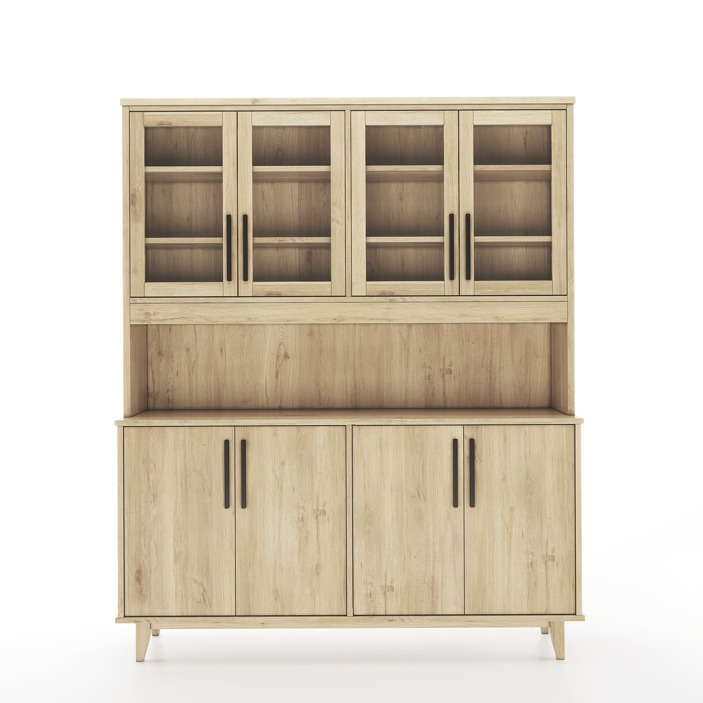 A hutch made of oak featuring 4 doors with windows, a middle shelf, and 4 lower doors without windows on a white background