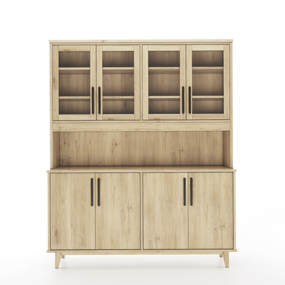 A hutch made of oak featuring 4 doors with windows, a middle shelf, and 4 lower doors without windows on a white background