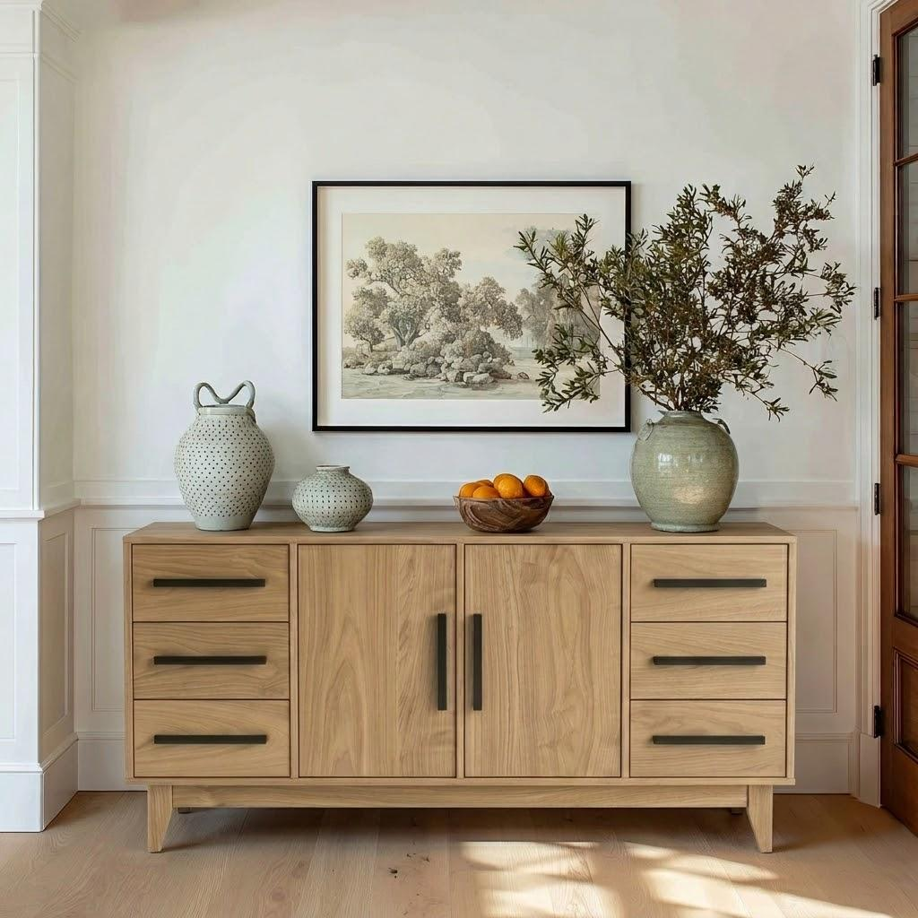 Wooden sideboard with decorative items in a room with a painting on the wall.