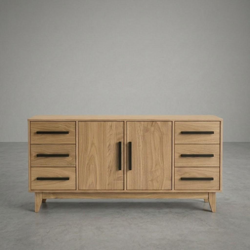 Wooden dresser with multiple drawers and doors on a gray background