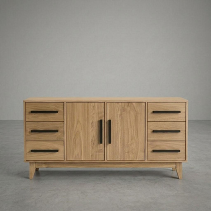Wooden dresser with multiple drawers and doors on a gray background