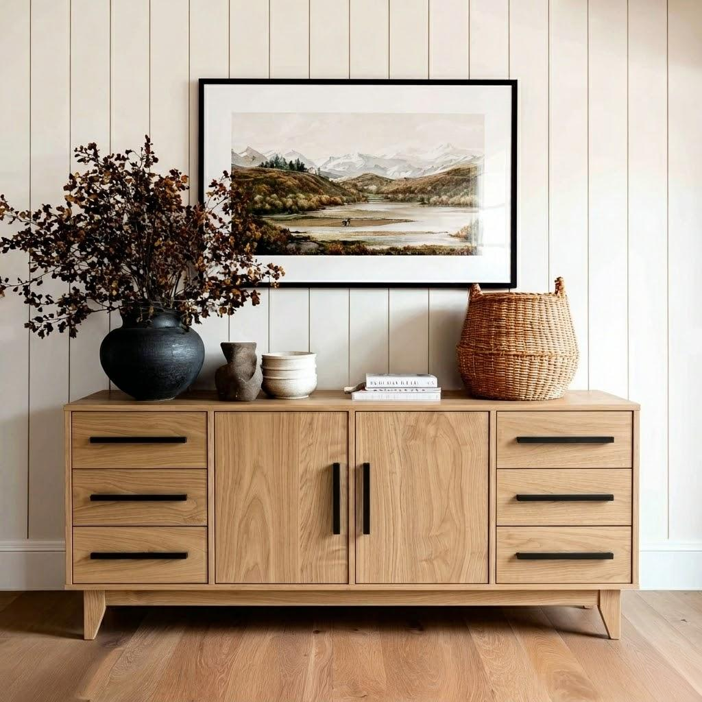 Wooden sideboard with decorative items against a wall with a framed landscape picture.