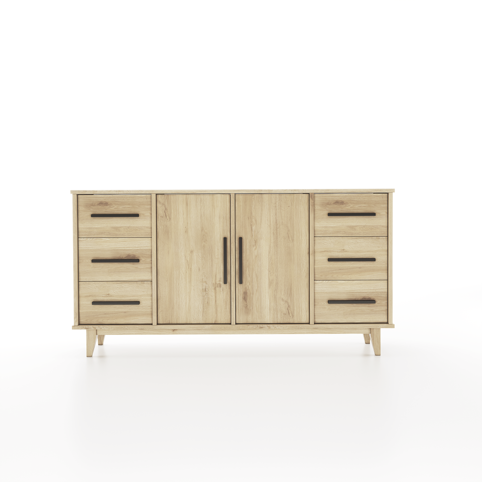 Buffet made of oak featuring 6 drawers and 2 doors on a white background