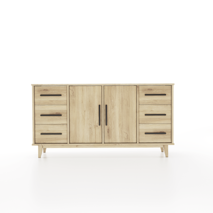 Buffet made of oak featuring 6 drawers and 2 doors on a white background
