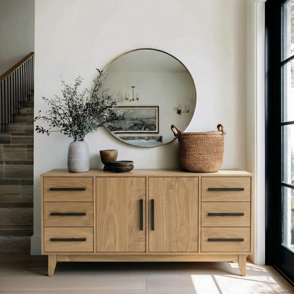 Wooden sideboard with decorative items against a wall with a round mirror.