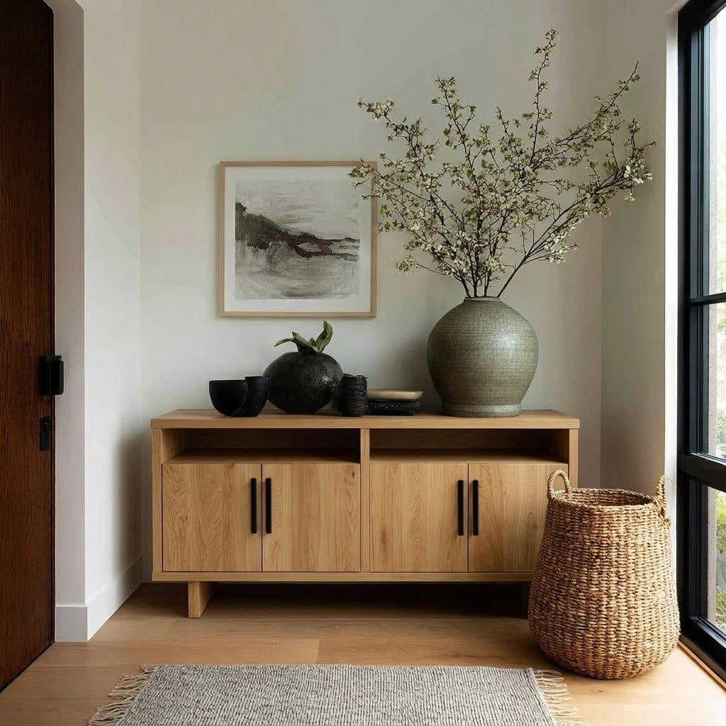 Wooden sideboard with decorative items in a room with a painting on the wall.