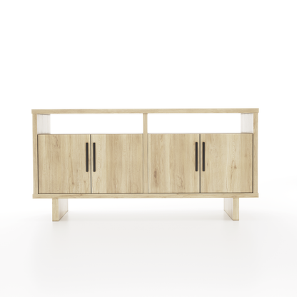 4-door oak buffet with two shelves on a white background