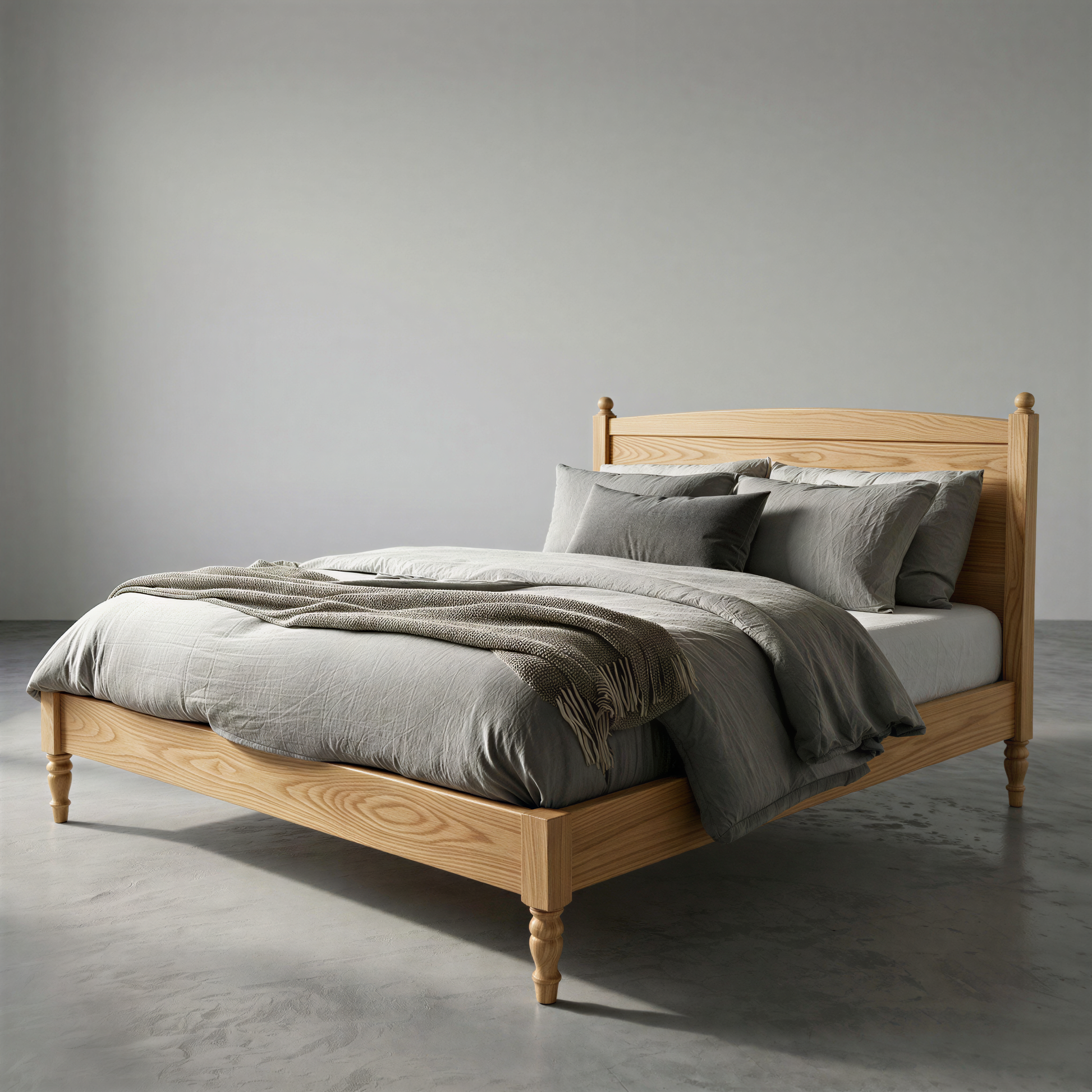 Wooden bed with gray bedding in a minimalistic room
