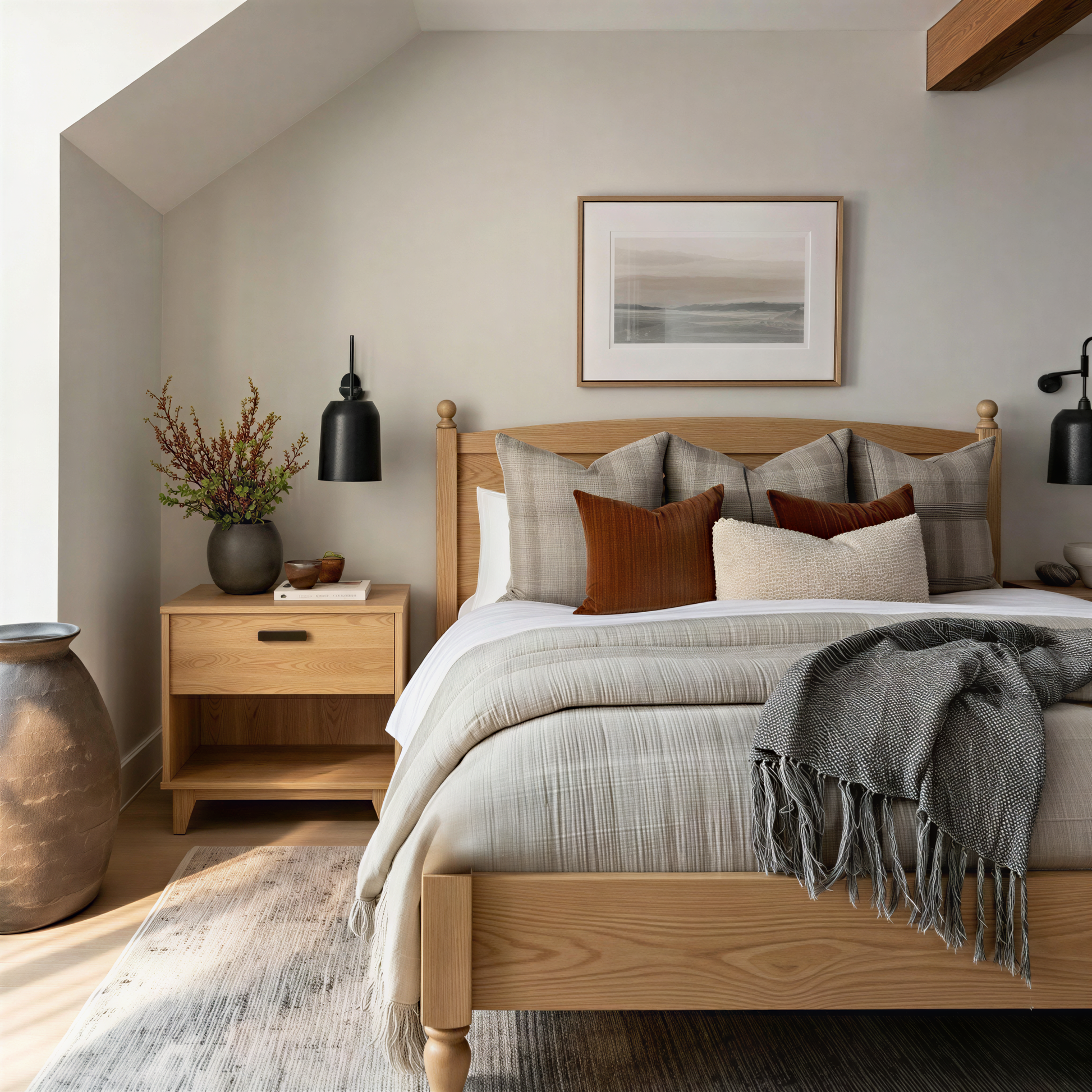 Neatly made bed with wooden headboard and nightstands in a bedroom setting.