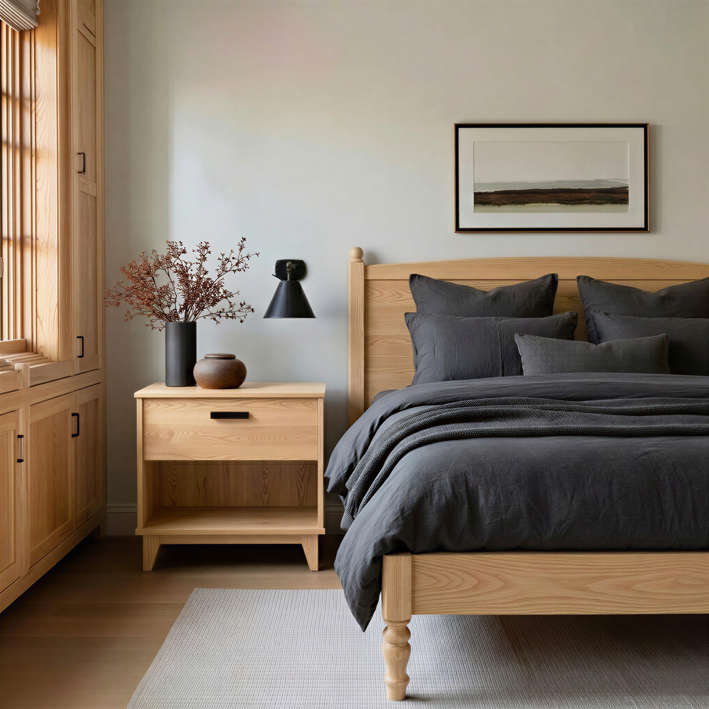 Modern bedroom with wooden bed and nightstand, gray bedding, and a framed picture on the wall.