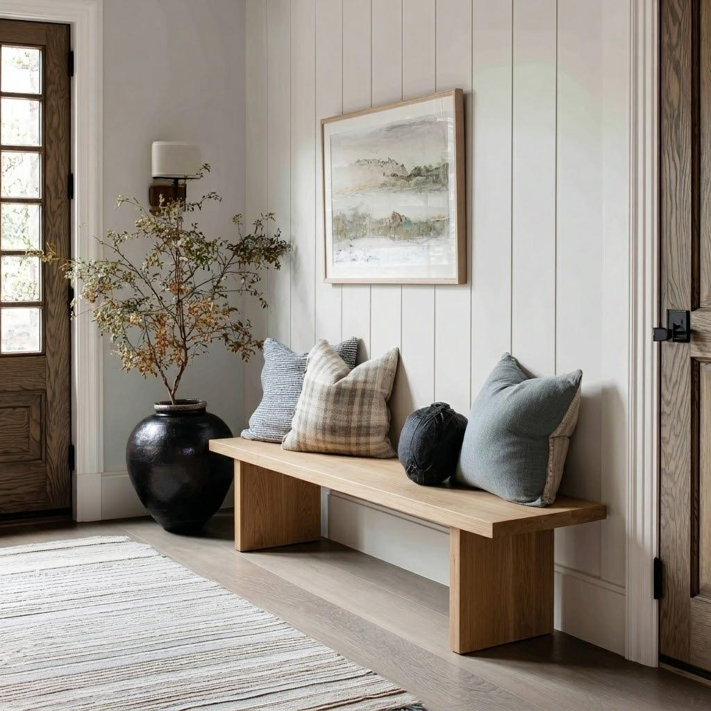 Nestled entryway with a wooden bench, decorative pillows, and a framed picture on a paneled wall.